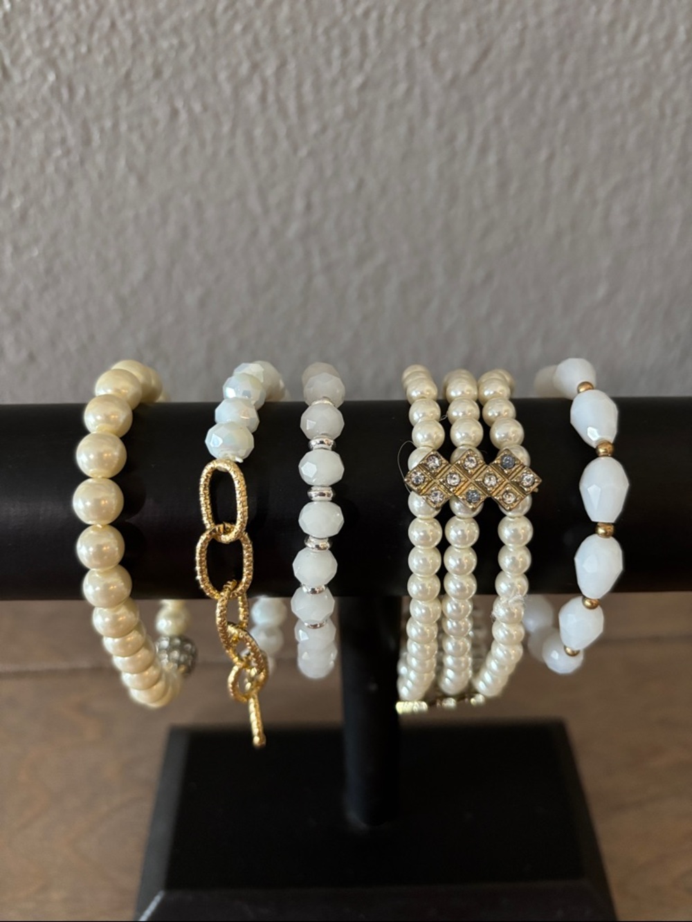 Elegant White Pearl & Gold Beaded Bracelet Set